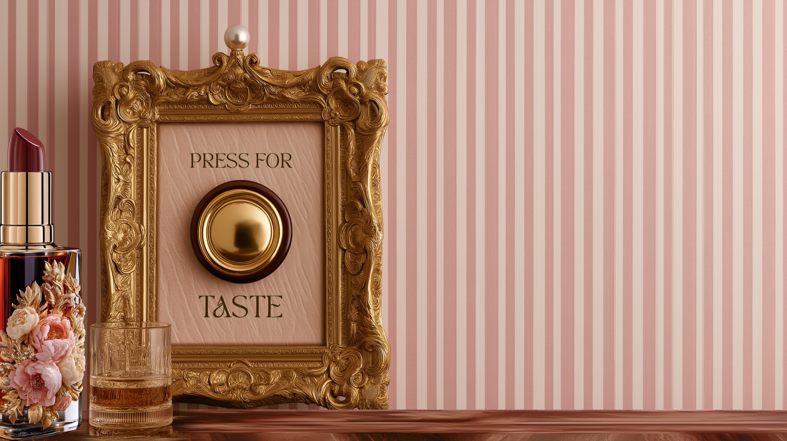 A gilded baroque frame reading press for taste, beside lipstick, perfume and a glass