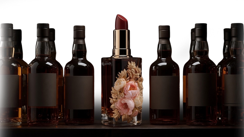 a shelf of identical whiskey bottles with one unmistakable 24C flacon in the middle