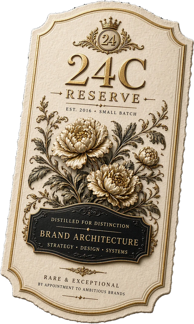 the 24C Reserve label, gold lettering and florals pressed into cream paper